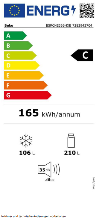 Kühl-/Gefrierkombi Stand C si 215/109l 165kwh 1865x595x663mm