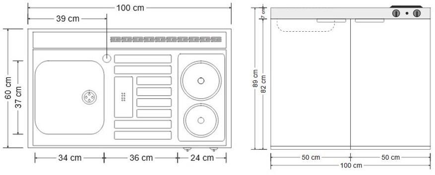 Miniküche 100cm weiß Elektrokochfeld Spüle rechts, Kühlschrank ****, EEK: E