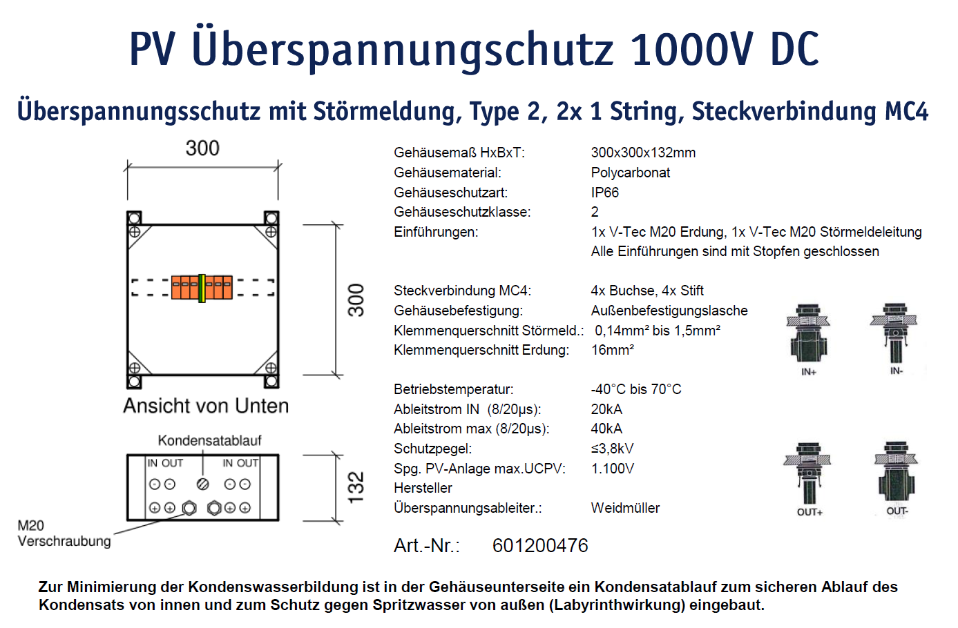 PV-Überspannungsschutz 1000V DC Type2 2x1 String, Steckverbinder MC4