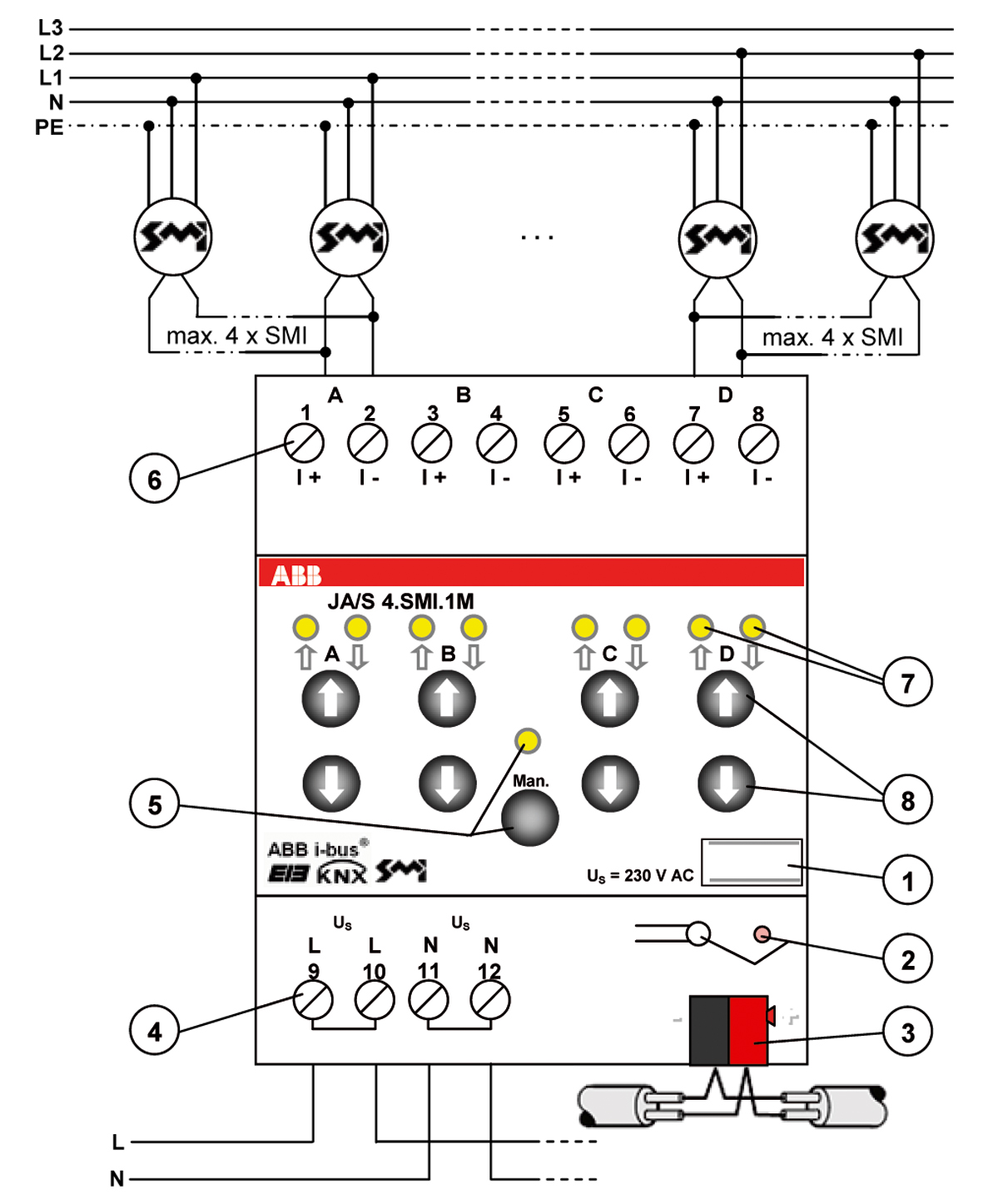 Jalousieaktor KNX REG 4f 4Eing Handbedien Vor Ort-/Handbedienung