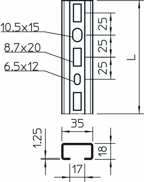 C-Profilschiene ST 200x35x18mm 17mm D1,25mm Rück_gel f.Funktionserh