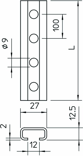 C-Profilschiene ST 2000x27x12,5mm 12mm D2mm Rück_gel