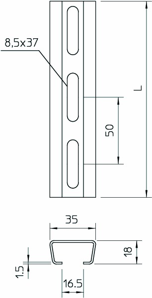 C-Profilschiene ST 2000x35x18mm 16,5mm D1,5mm Rück_gel