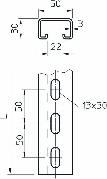 C-Profilschiene ST 2000x50x30mm 22mm D3mm Rück_gel