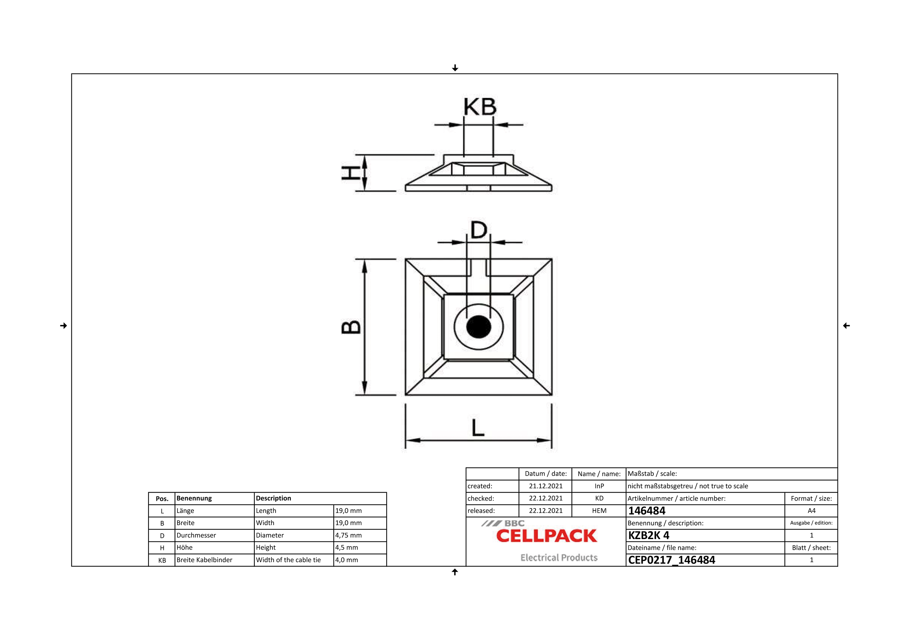 Befestigungssockel Kst natur 4mm Ø3,2mm 20x20x5,3mm PA kleben/schrauben -40-80°C