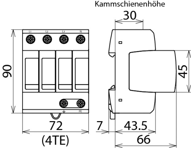 Überspannungsableiter Netzform-TN-S 4TE 230VAC 1,5kV Hutschiene TH35 20kA opt