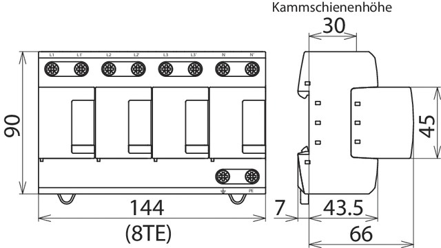 Kombi-Ableiter TS35 4p TN-S 230VAC 1,5kV 8TE Hutschiene TH35 Netzform TN-S opt