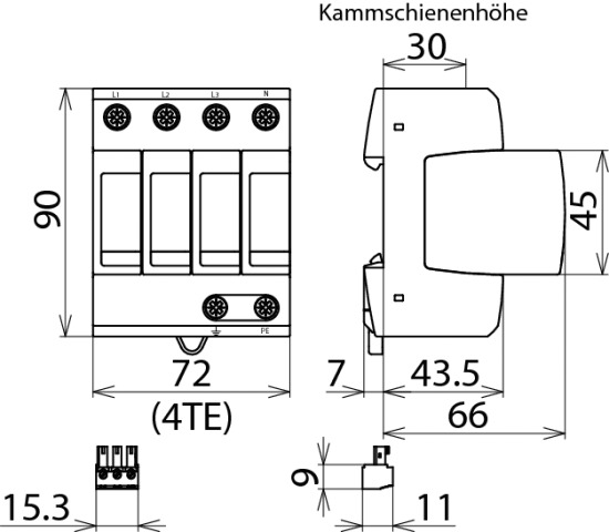 Überspannungsableiter Netzform-TN-S/TT 230VAC 1,5kV Mit Fernmeldekontakt 4TE