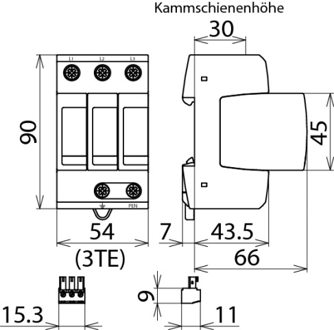 Überspannungsableiter TN-CNetzform- 3TE 230VAC Netzform-TN-C 1,5kV 20kA opt