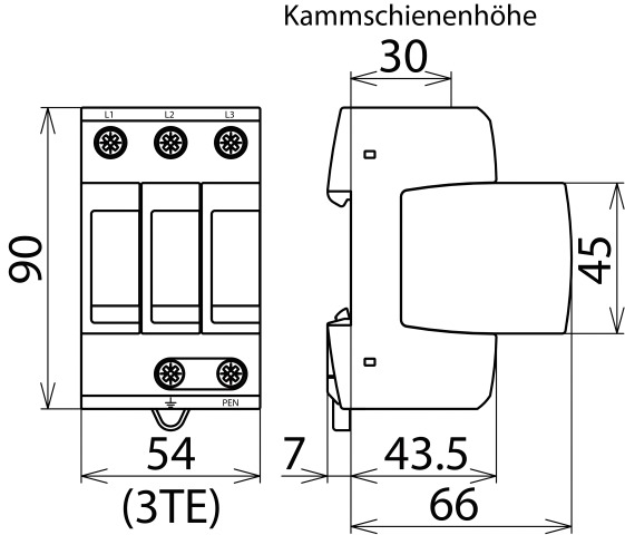 Überspannungsableiter TN-CNetzform- 3TE 230VAC Netzform-TN-C 1,5kV 20kA opt