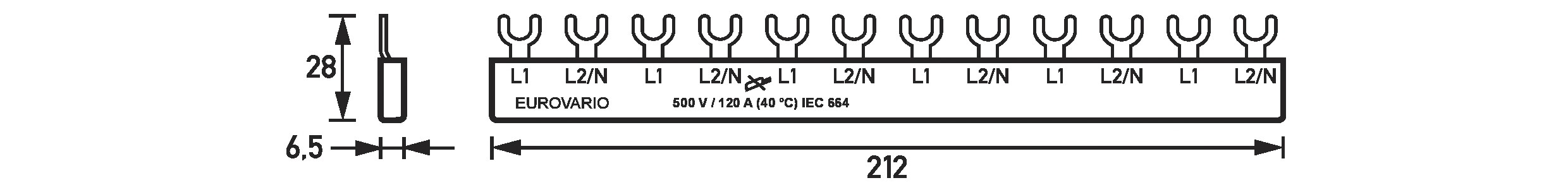 Phasenschiene 2ph 17,5mm Eurovario 210mm 10qmm 120A Gabel Isoliert