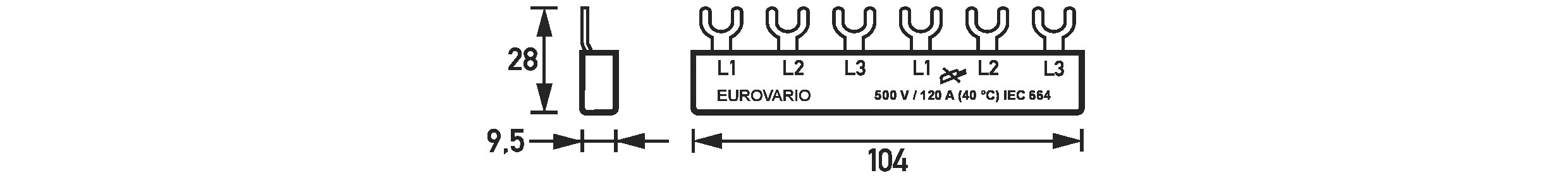 Phasenschiene 3ph 17,5mm Eurovario 104mm 10qmm 120A Gabel Isoliert