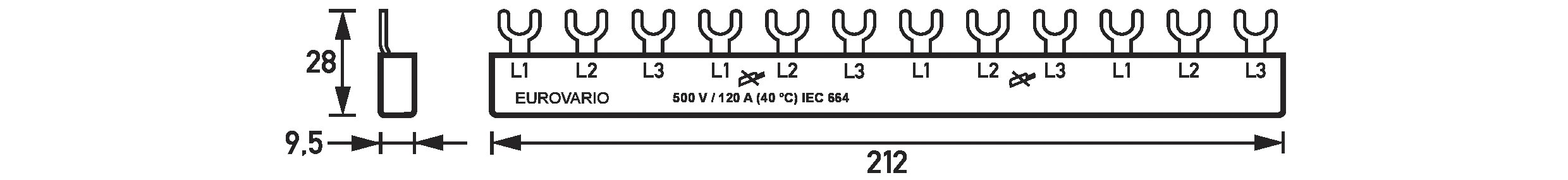 Phasenschiene 3ph 17,5mm Eurovario 212mm 10qmm 63A Gabel Isoliert