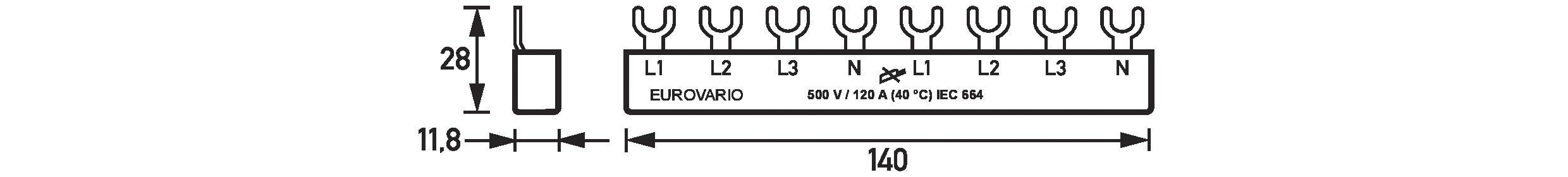 Phasenschiene 4ph 17,5mm Eurovario 140mm 10qmm 120A Gabel Isoliert