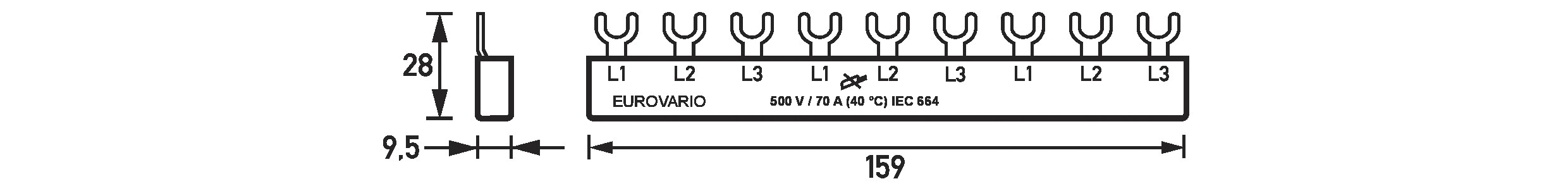 Phasenschiene 3ph 17,5mm Eurovario 159mm 10qmm 120A Gabel Isoliert