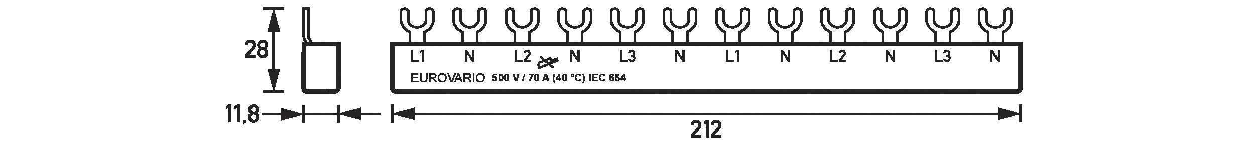 Phasenschiene 3+N 17,5mm Eurovario 212mm 10qmm 120A Gabel Isoliert