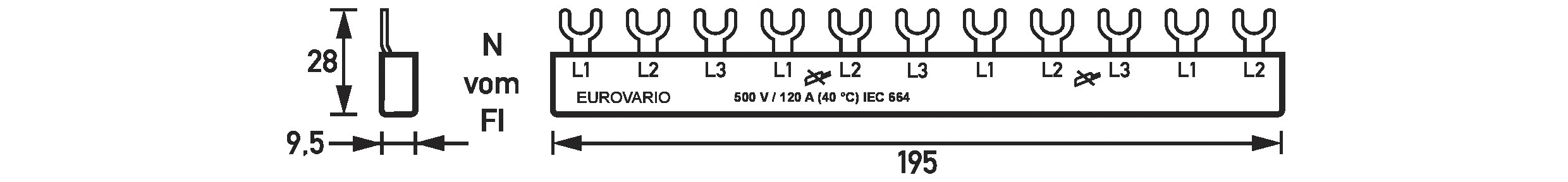 Phasenschiene 3ph 17,5mm Eurovario 195mm 10qmm 120A Gabel Isoliert