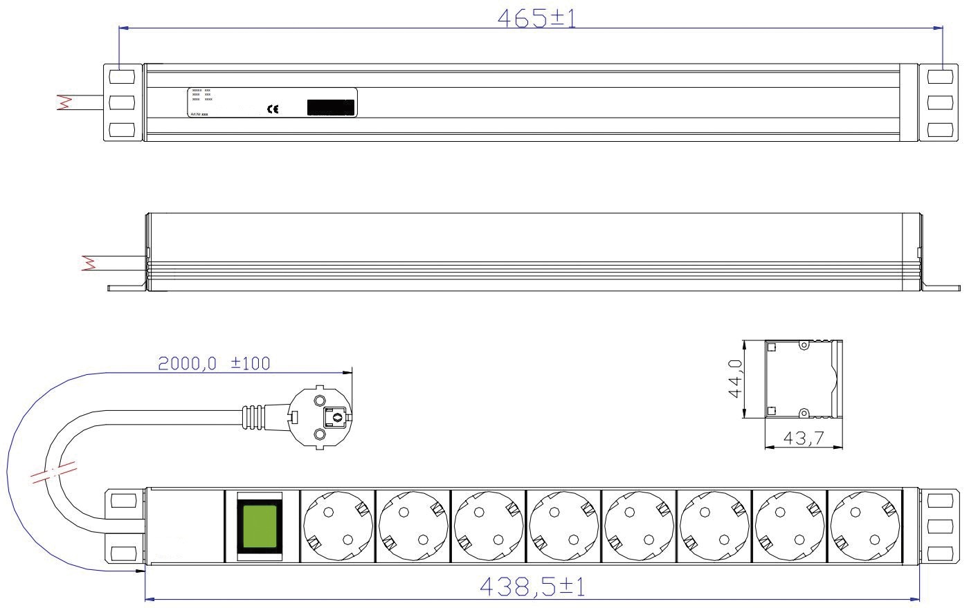 Steckdosenleiste 19 1HE 8Steckd 230V Rack-Stromverteilung Schaltbar