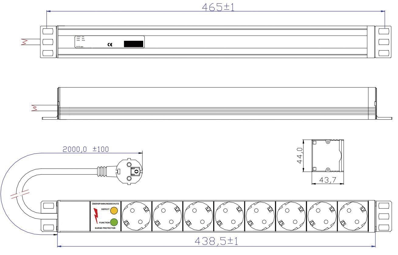 Steckdosenleiste 19 ÜSS 1HE 8Steckd 230V LED Rack-Stromverteilung m.LED-Anz