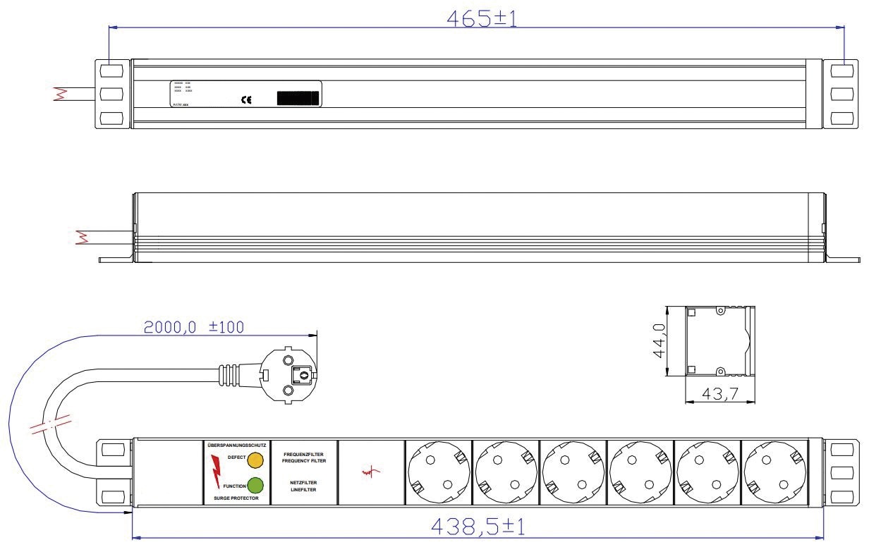 Steckdosenleiste 19 ÜSS 1HE 6Steckd 230V LED Rack-Stromverteilung m.LED-Anz