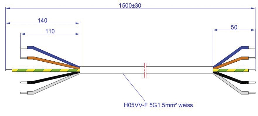 Herdanschlussleitung 1,5m 5x1,5qmm 16A ws IP20 Aderendh 0-70°C