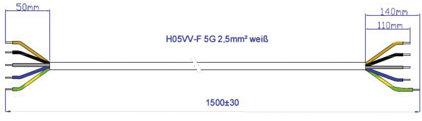 Herdanschlussleitung 1,5m 5x2,5qmm 16A ws IP20 Aderendh 0-70°C