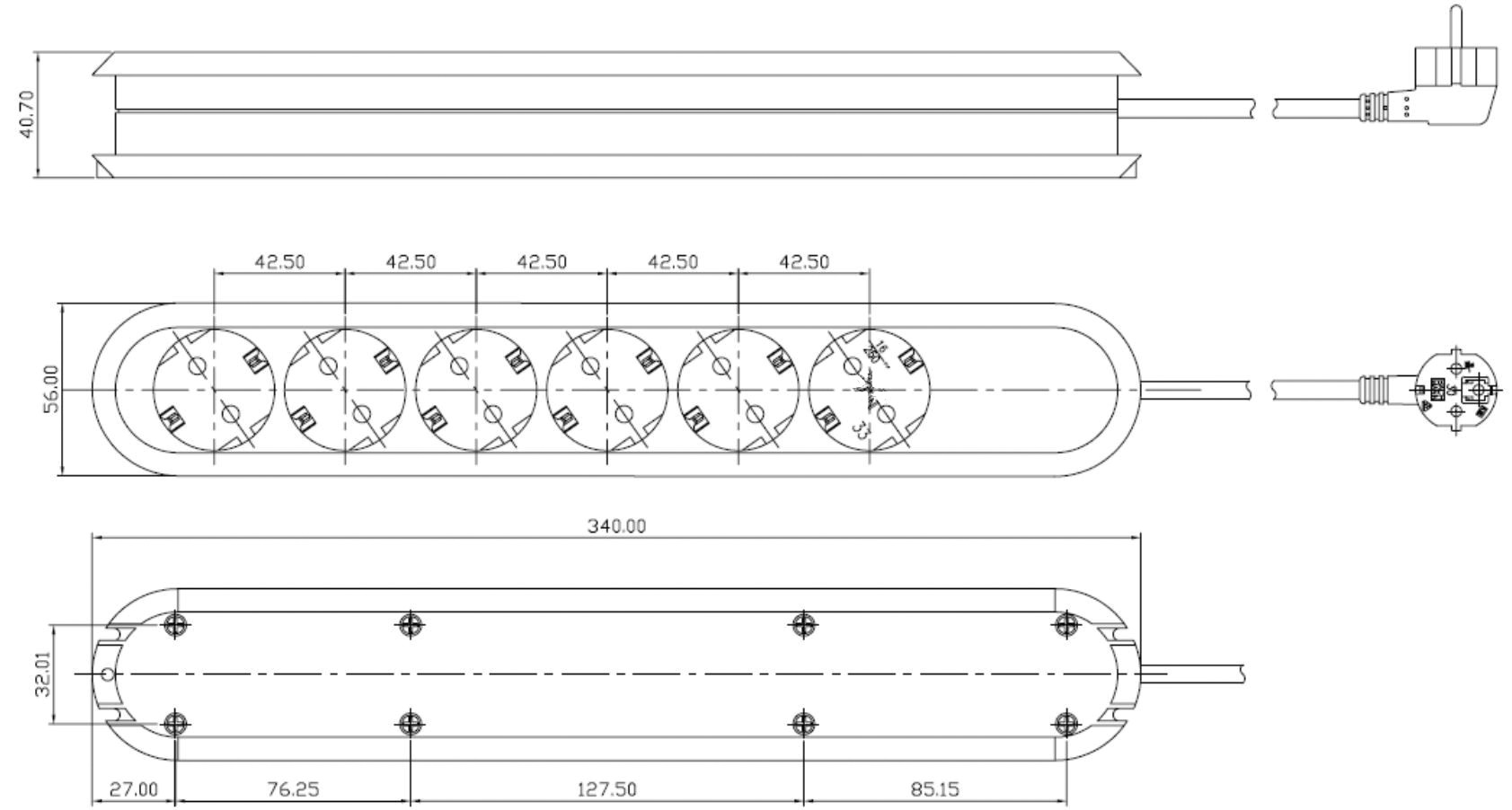 Steckdosenleiste 6f ws 1,5m 35° IP20 1,5qmm