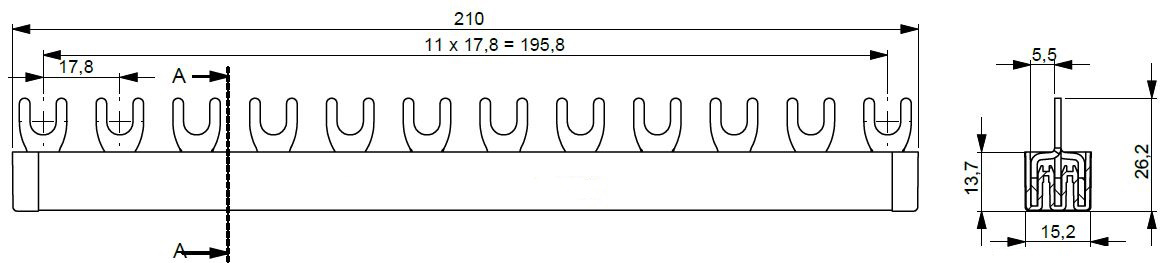 Phasenschiene 3ph 17,8mm 210mm 10qmm 63A Gabel Isoliert