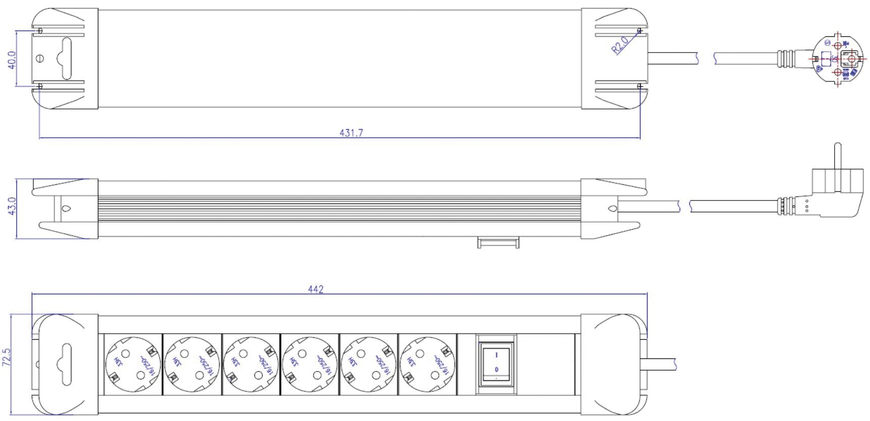 Steckdosenleiste 6f sw m.Ein/Aus 2m 35° IP20 Mit Ein-/Ausschalter 1,5qmm