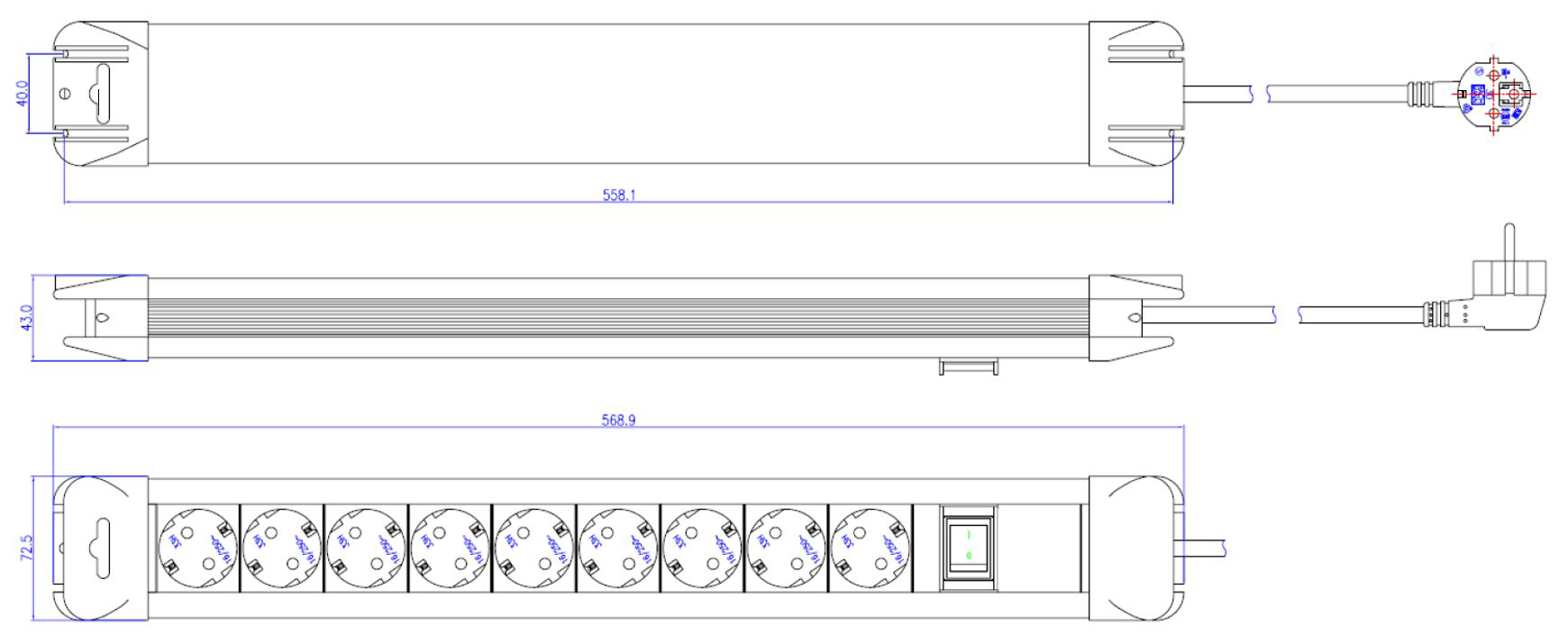 Steckdosenleiste 9f sw m.Ein/Aus 2m 35° IP20 1,5qmm