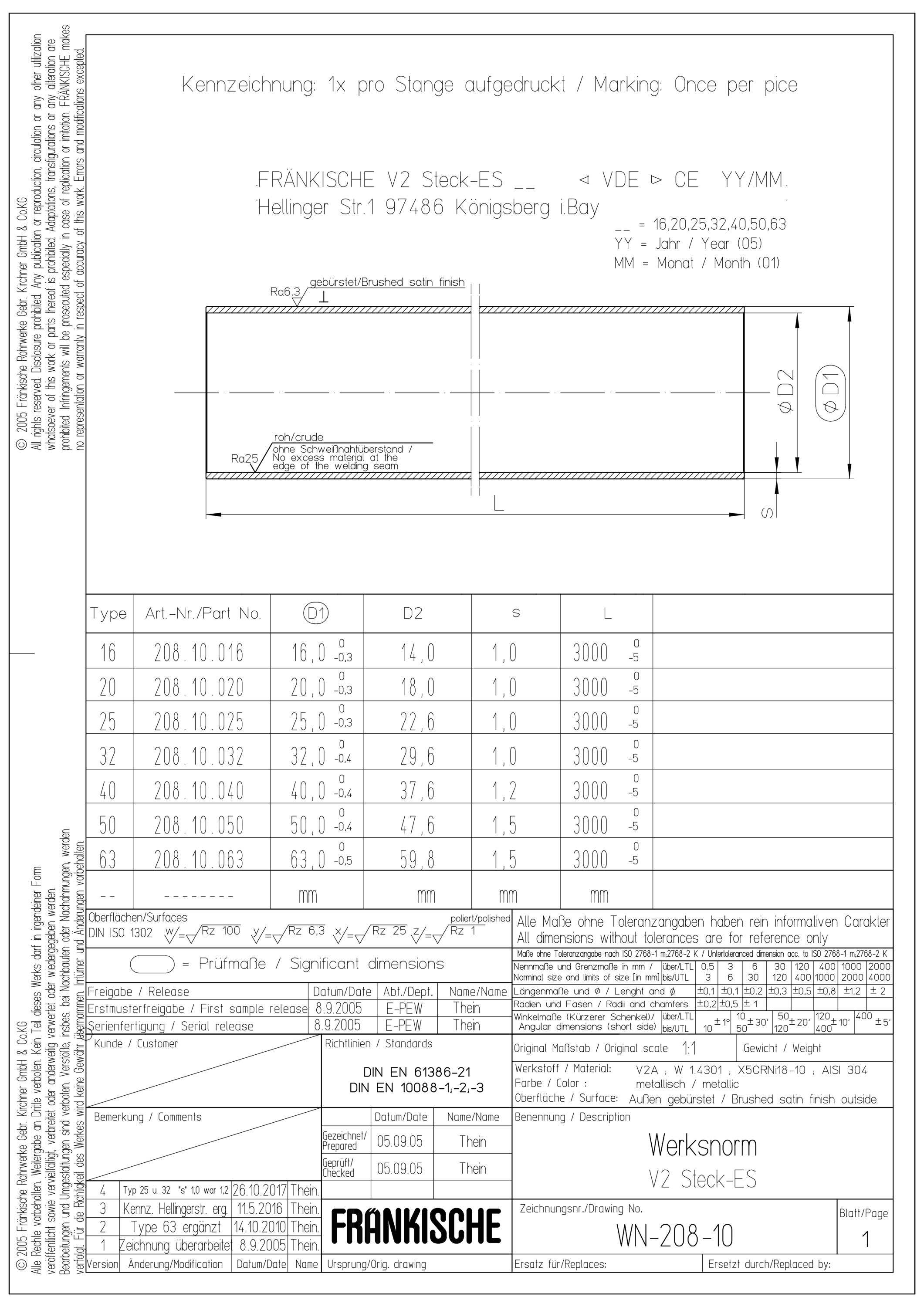 Stahl-Steckrohr VA Ø20mm starr unbeh 5Kl Oberfläche gebürstet Edst -45-400°C