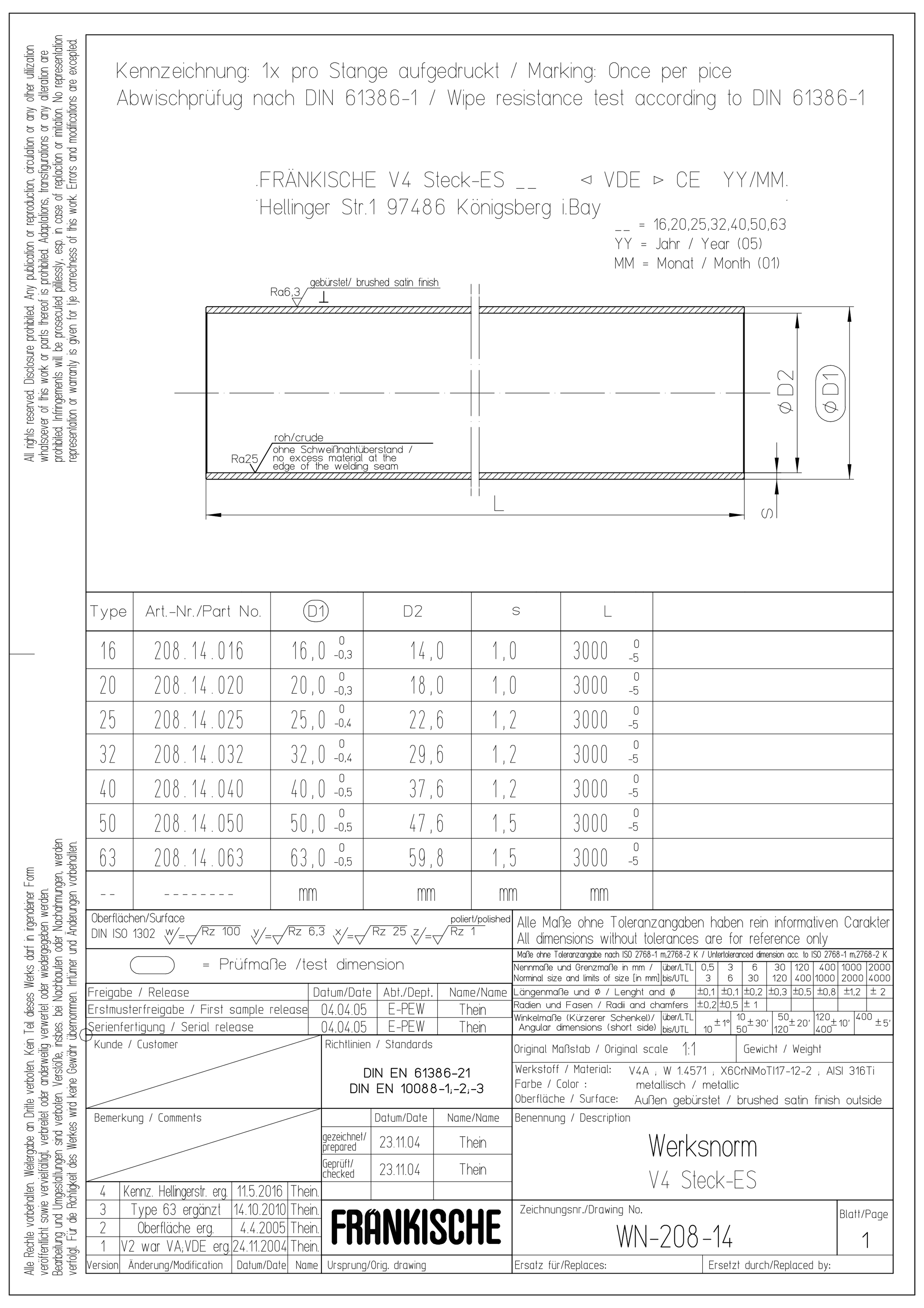 Stahl-Steckrohr VA Ø16mm starr unbeh 5Kl Oberfläche gebürstet Edst -45-400°C