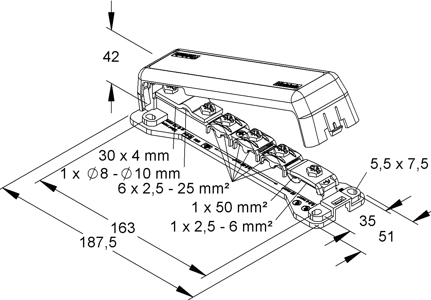 Potentialausgleichschiene 1rndl 1fl 1ltg Cu m.Haube Aufb_fix