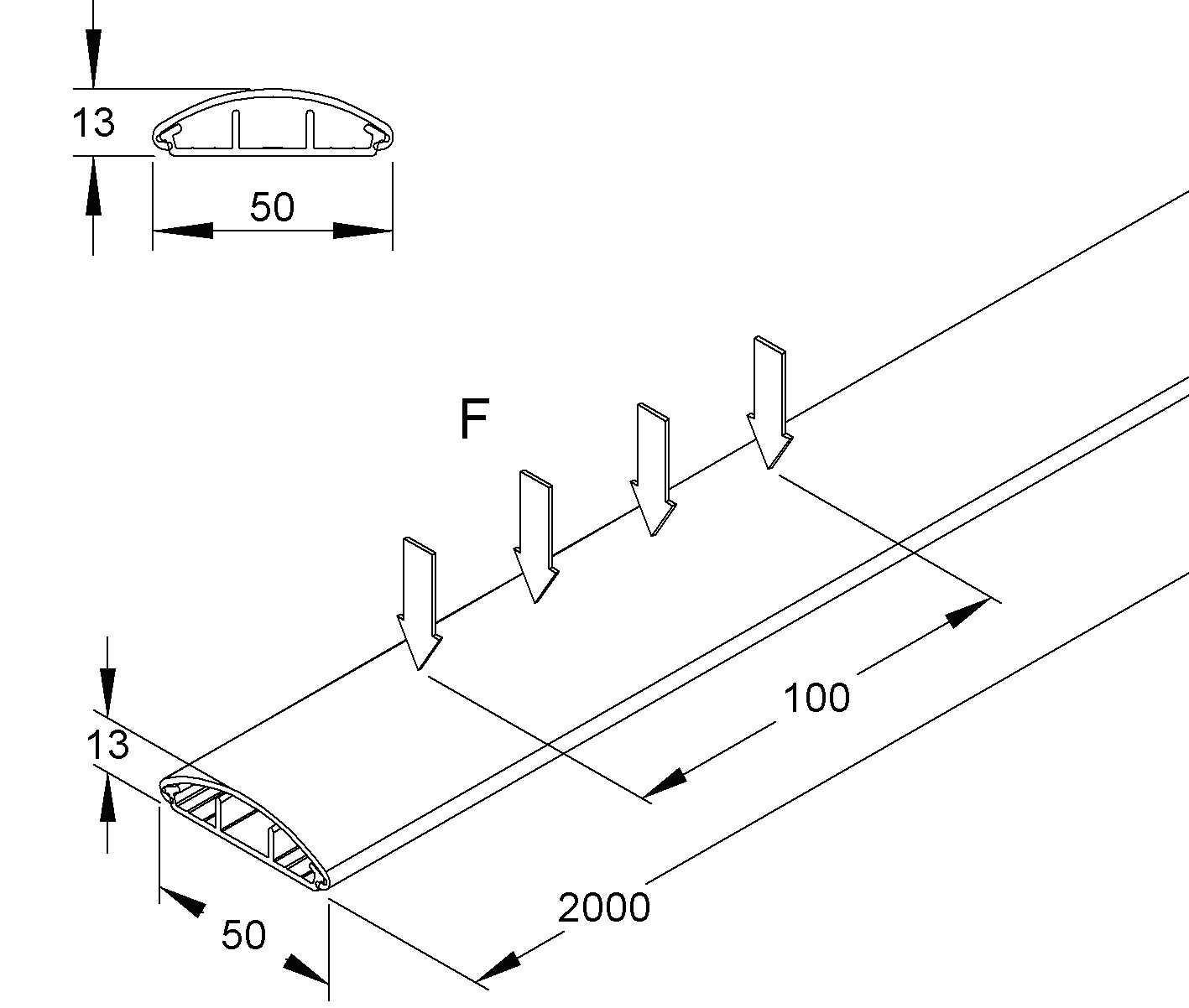 Aufbodenkanal Kst br 50x13x2000mm RAL8014