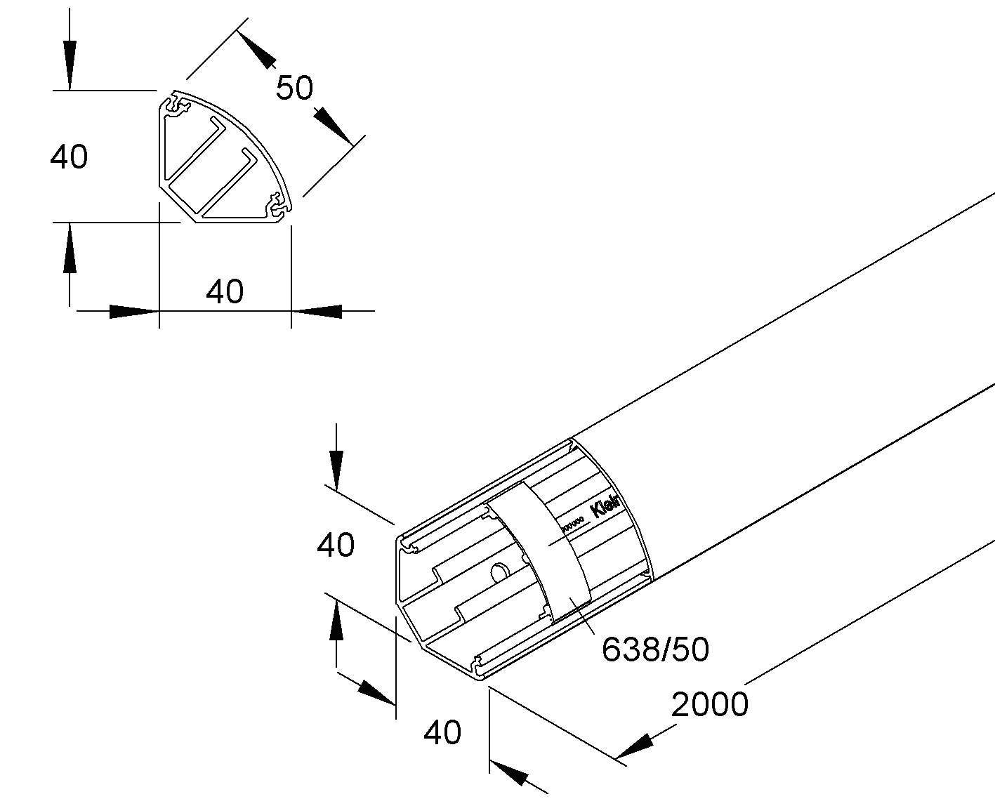 Eckkanal 40x50mm Kst rws L2000mm 700qmm RAL9010