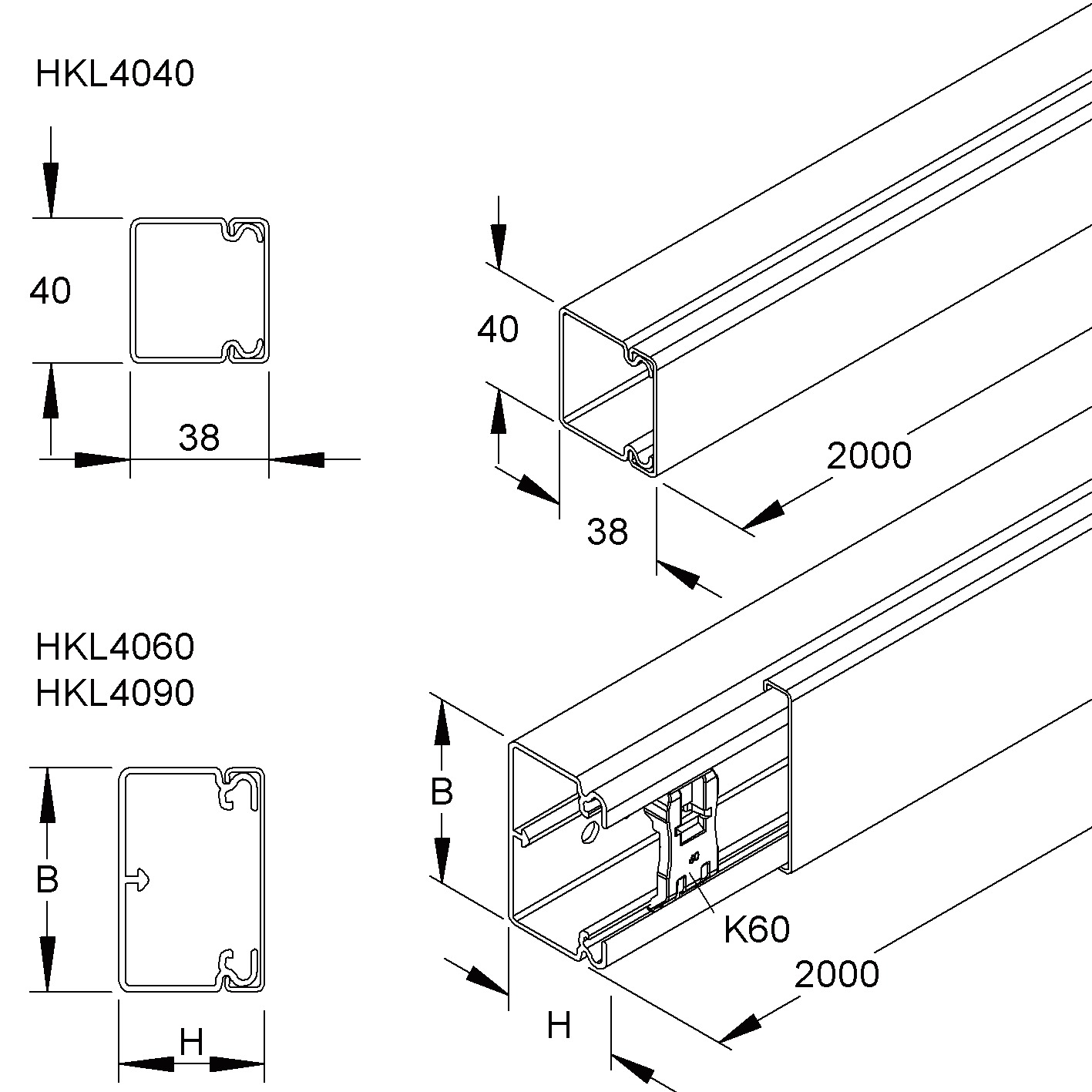 Leitungsführungskanal Kst 38x40x2000mm rws unbeh LF-K 1200qmm RAL9010