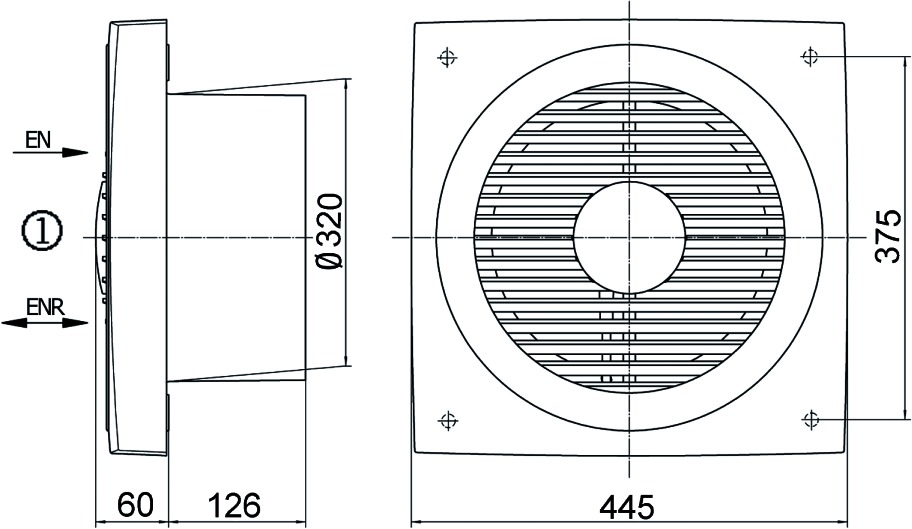 Axial-Wandventilator Ø315mm 230V 1220Upm 1500cbm/h Entlüft IP44 40°C 50Hz