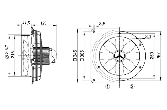 Axial-Wandventilator Ø200mm 230V 1380Upm 475cbm/h Entlüft IP54 60°C 50Hz