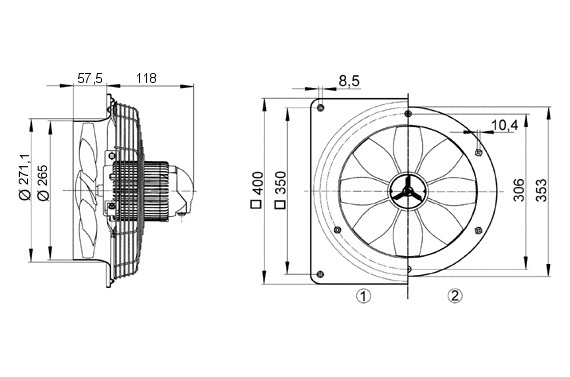 Axial-Wandventilator Ø250mm 230V 1280Upm 800cbm/h Entlüft IP54 50°C 50Hz