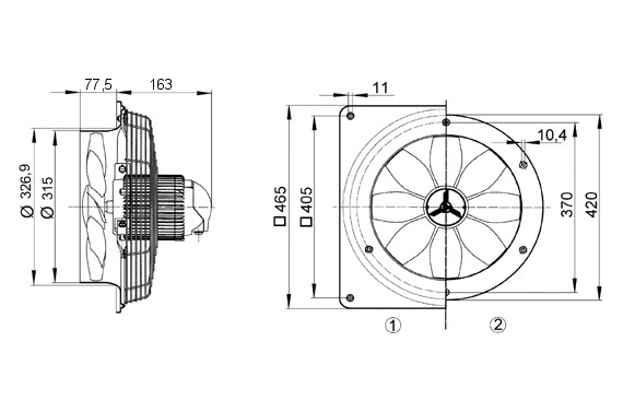 Axial-Wandventilator Ø300mm 230V 930Upm 1200cbm/h Be/Entlüft IP55 60°C 50Hz