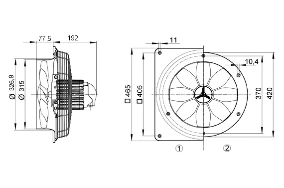 Axial-Wandventilator Ø300mm 230V 2850Upm 3620cbm/h Be/Entlüft IP55 80°C 50Hz