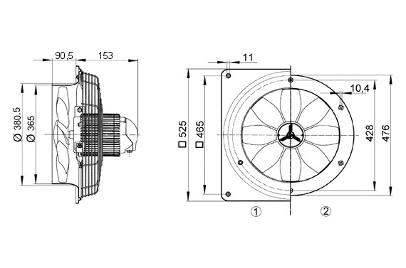 Axial-Wandventilator Ø350mm 230V 930Upm 1700cbm/h Be/Entlüft IP55 60°C 50Hz