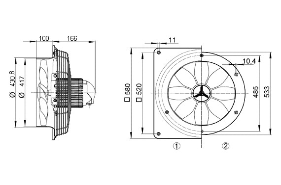 Axial-Wandventilator Ø400mm 230V 1380Upm 4350cbm/h Be/Entlüft IP55 60°C 50Hz