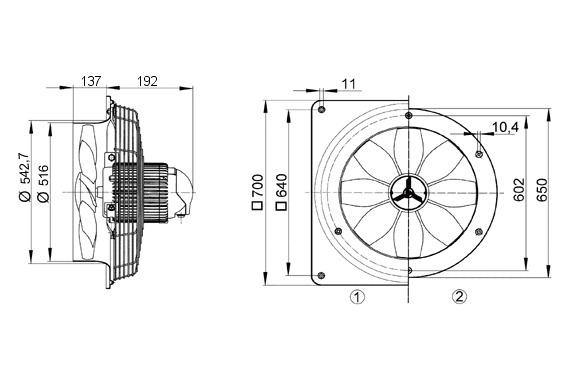 Axial-Wandventilator Ø500mm 230V 955Upm 5860cbm/h Be/Entlüft IP55 50°C 50Hz