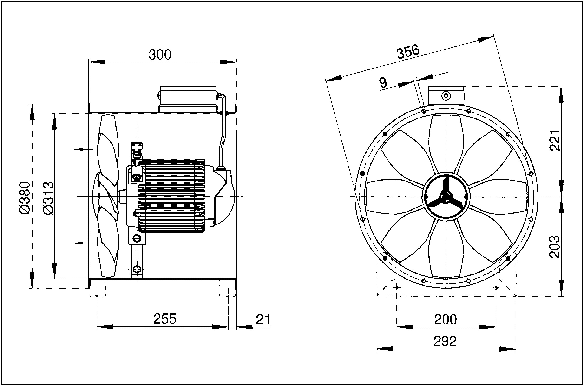 Rohrventilator Ø300mm 230V 1200cbm/h 0,059W VA 60°C