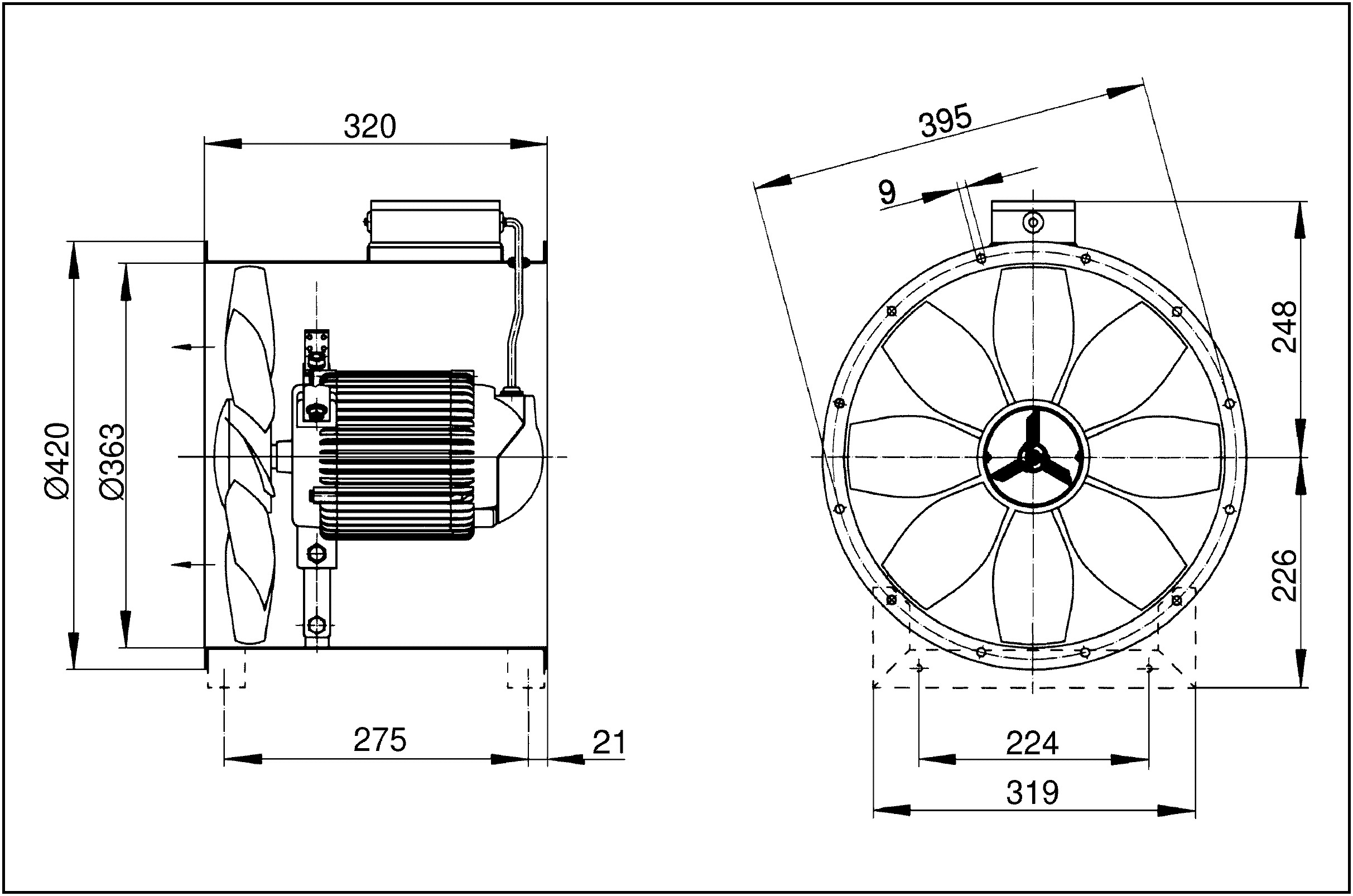 Rohrventilator Ø350mm 230V 1800cbm/h 0,065W VA 60°C