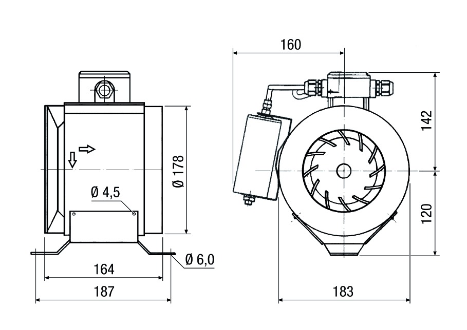 Ex-Ventilator 1/2 Radial Ø180mm 230V Kst 310cbm/h 0,05W IP54