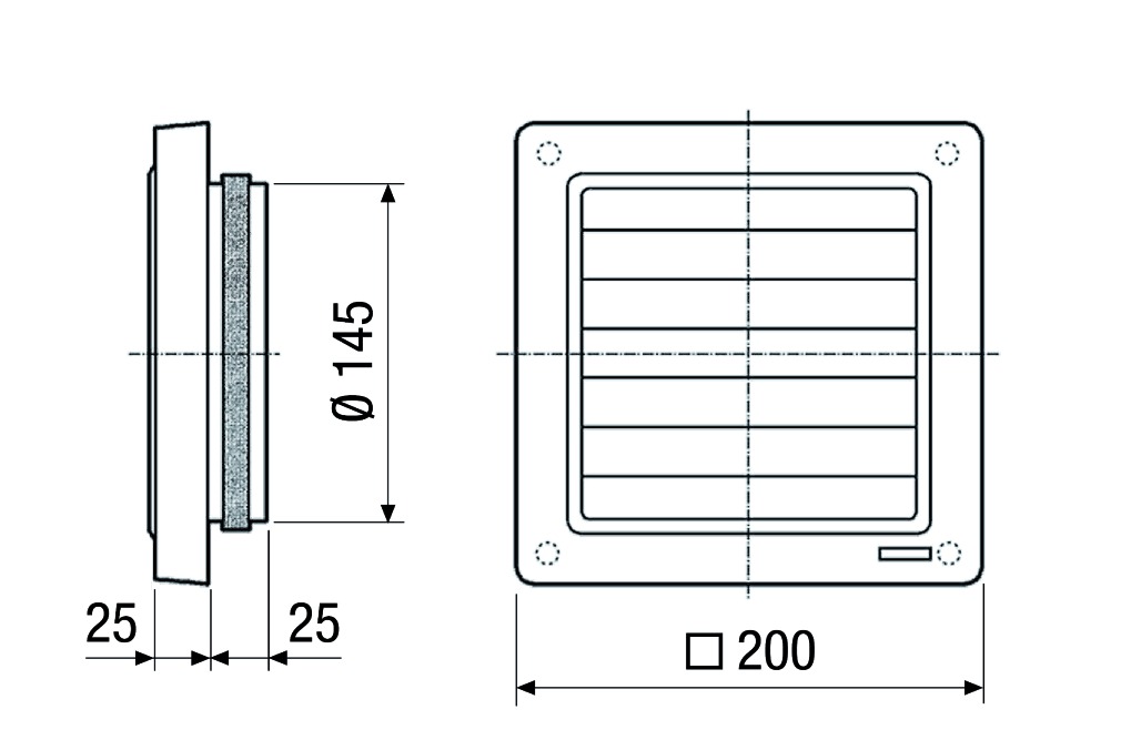 Verschlussklappe Ø150mm 200x200mm Kst ws selbsttät Außenwand Entlüft