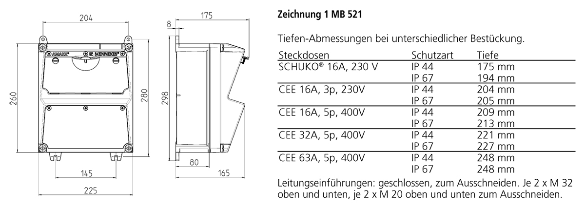 CEE-Kombi Kst gr IP44 AMAXX 1x16A5p400V 2Steckd LS-Schalter