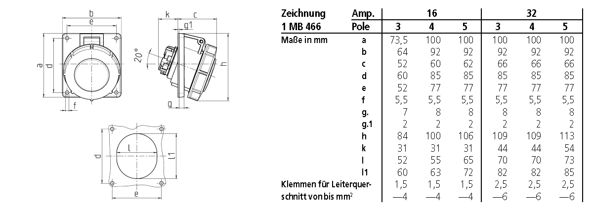 CEE-Anbausteckdose 3p 16A 230V/bl 6h Kst IP67 schraubl.Kl abgew 64x73,5mm